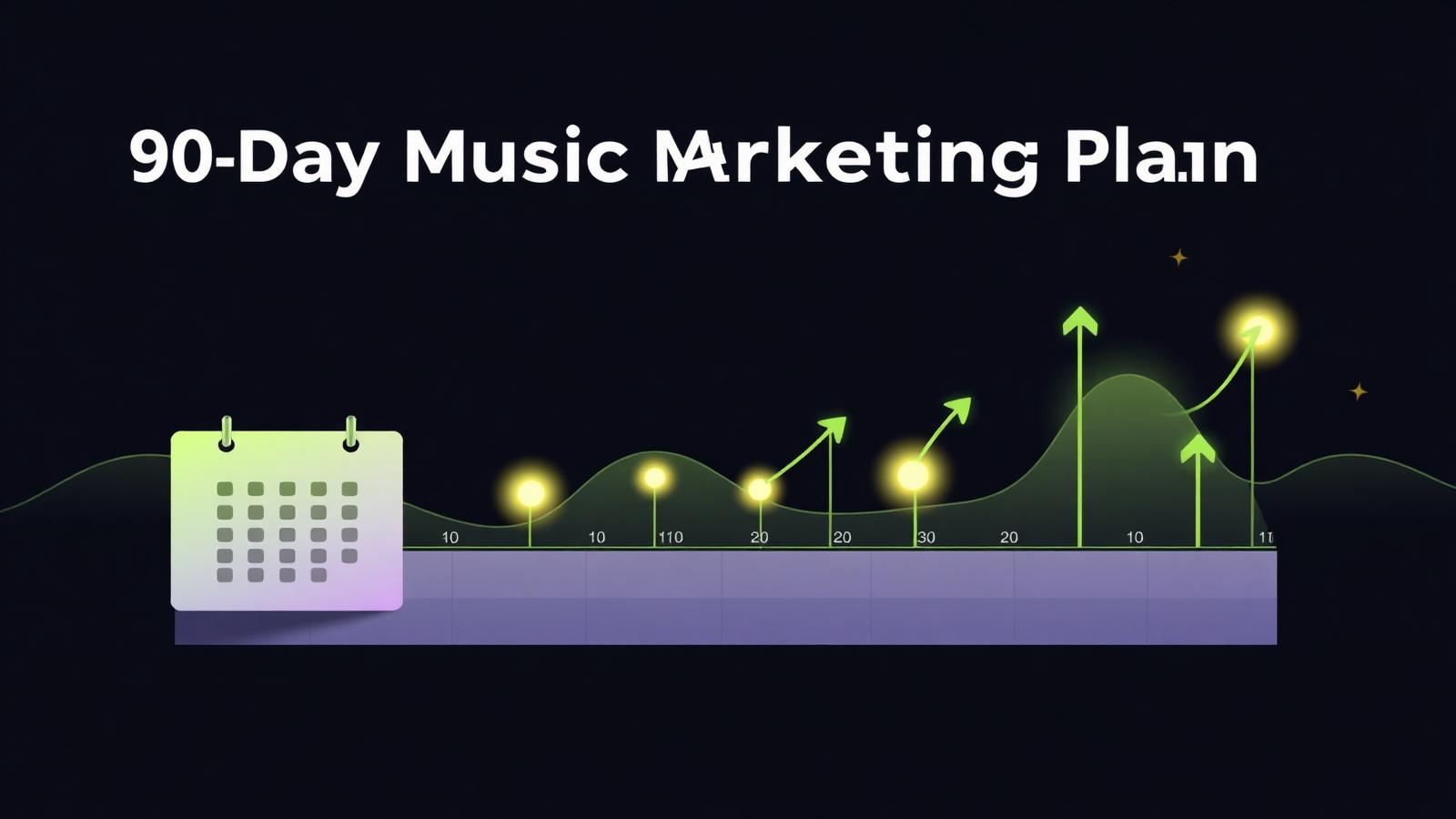 Calendar timeline morphing into rising soundwaves and growth arrows representing a 90-day music marketing plan