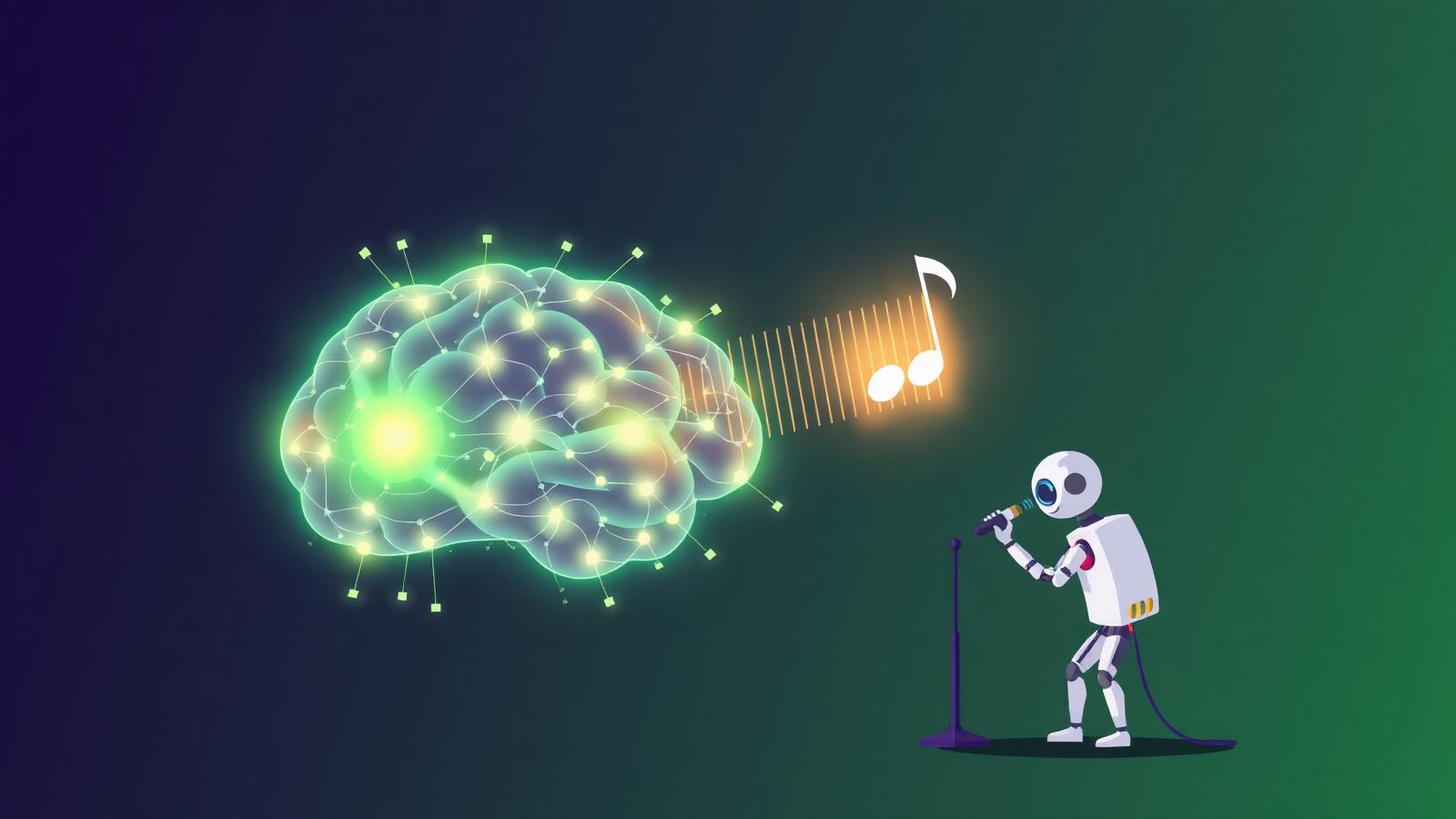 Glowing neural-network brain merging with soundwaves and a music note beside a robot assistant, representing AI for musicians