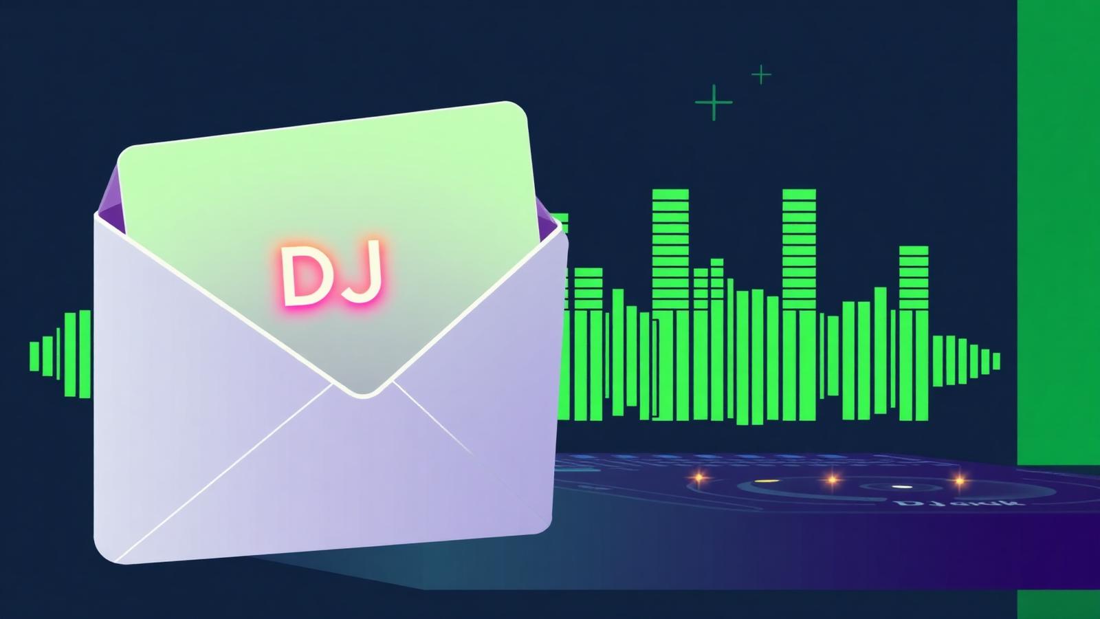 Open email envelope with glowing headline bars and a DJ mixer, representing DJ promo email subject lines