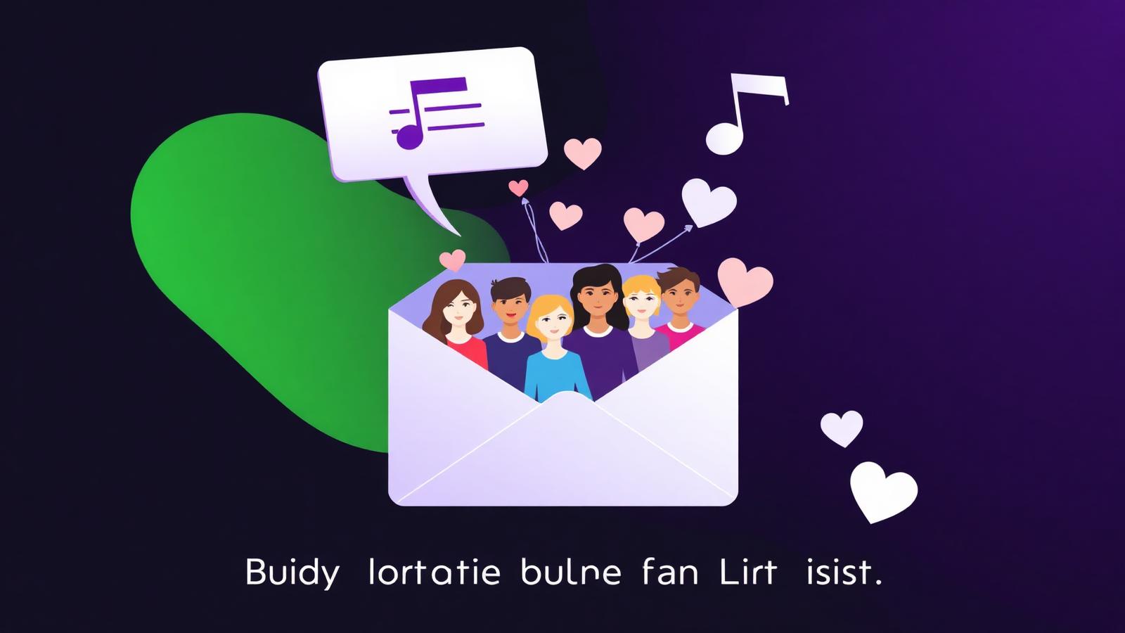 Inbox with a growing list of subscriber avatars connected to a music note and heart icons, representing a fan mailing list