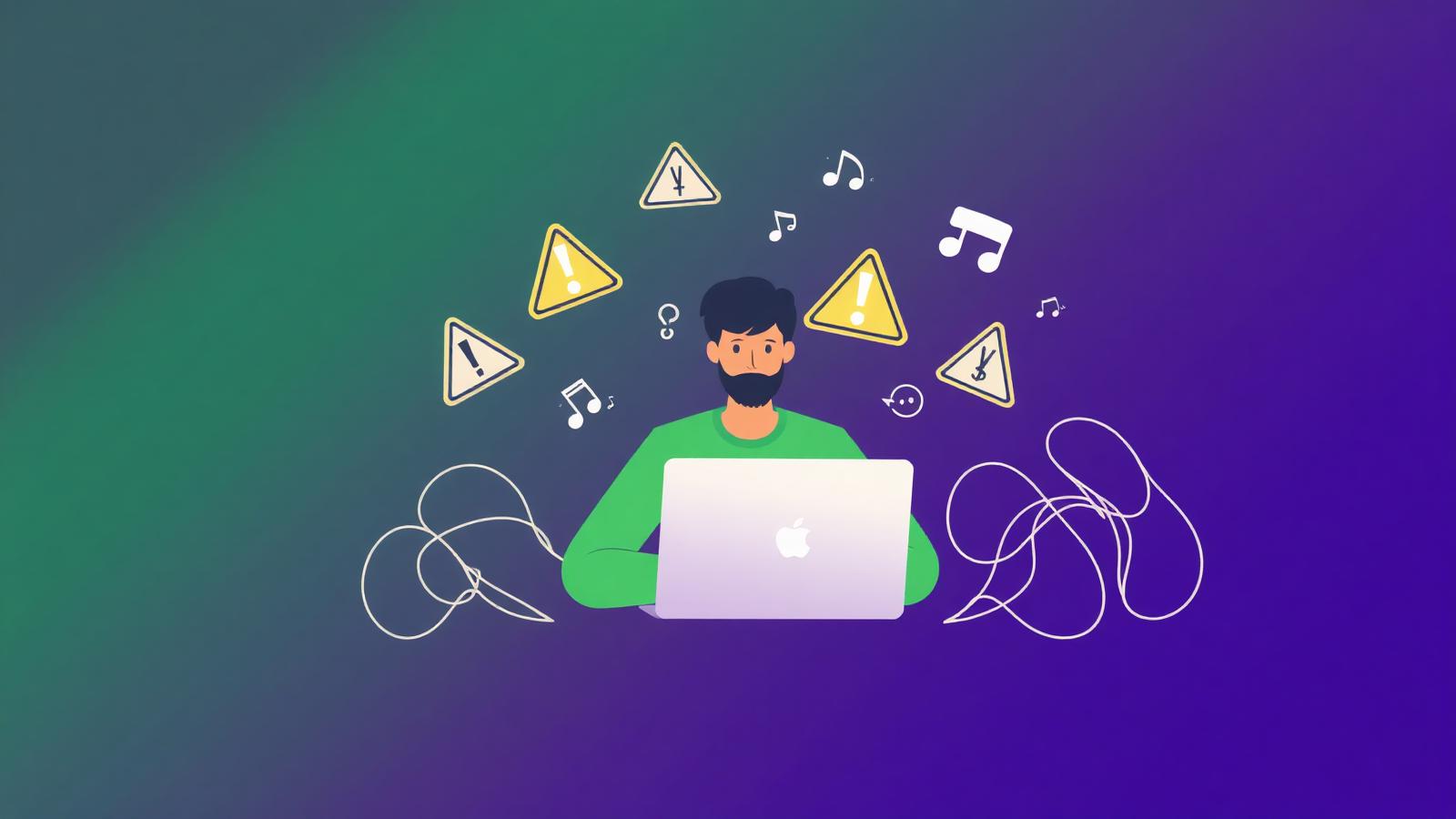 Independent artist at a laptop surrounded by warning-sign icons and tangled soundwaves representing music promotion mistakes
