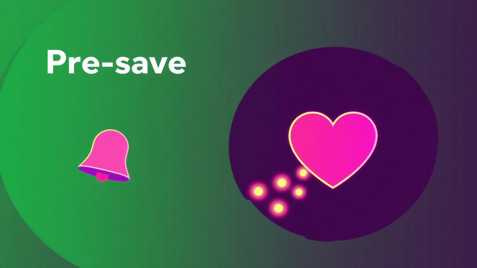 Save bell and heart icons collecting glowing fans before a release, representing a Spotify pre-save campaign