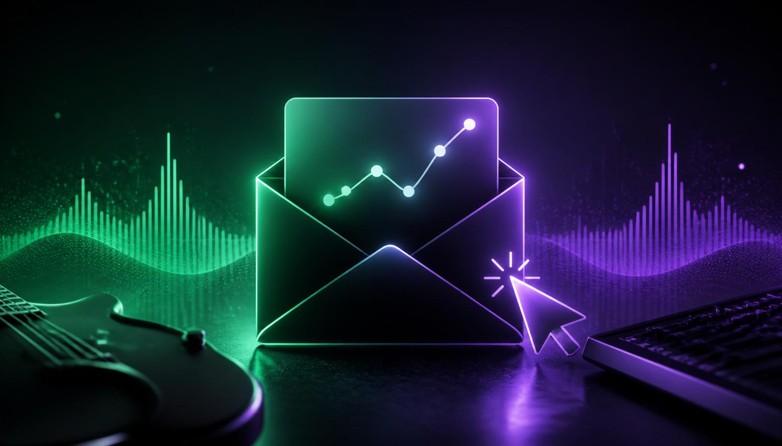 Glowing envelope with a rising open-rate chart, in green and purple, representing music promo email marketing