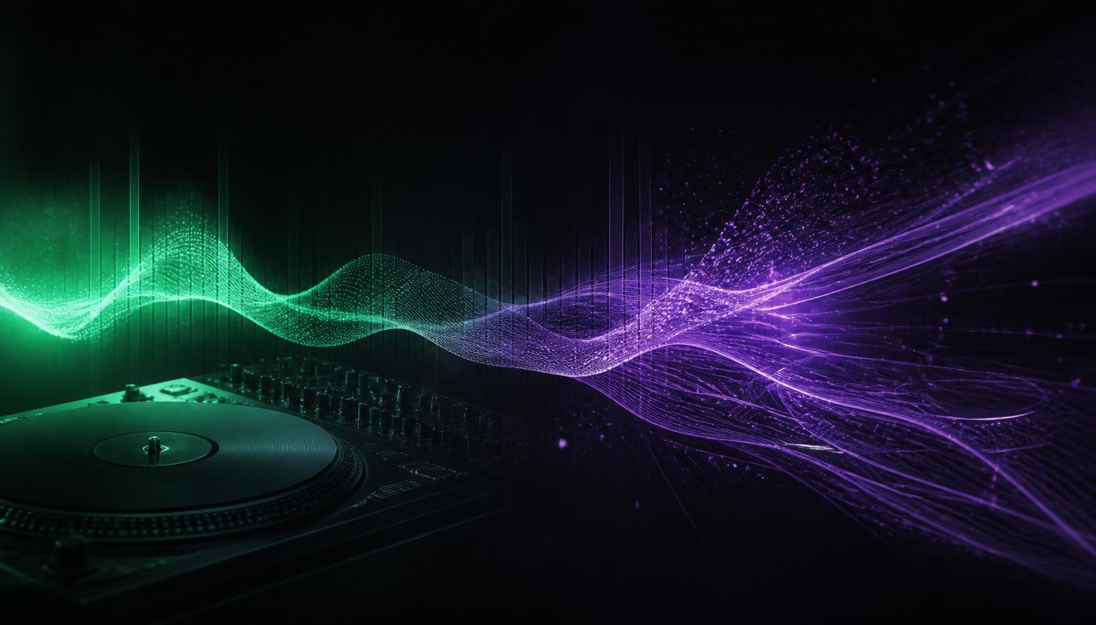 DJ turntable and mixer dissolving into green and purple soundwaves