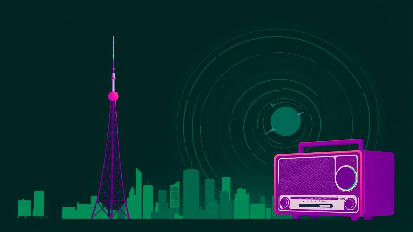Vintage radio and broadcast tower emitting soundwave rings over a city skyline, representing radio airplay