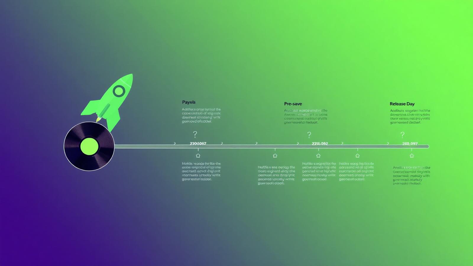 Rocket launching along a phased roadmap with a vinyl record and release milestones, representing a music release strategy