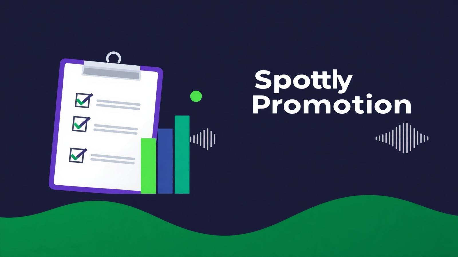 Checklist clipboard with checkmarks beside rising streaming bars, representing a Spotify promotion checklist