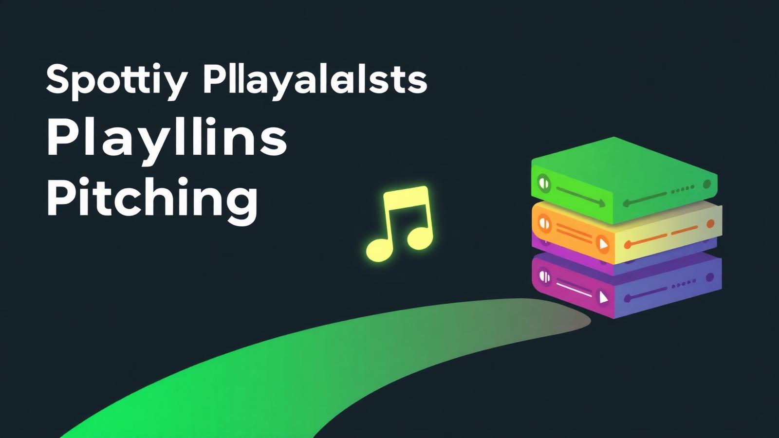 Glowing music note traveling along a path into a stack of playlist cards, representing Spotify playlist pitching